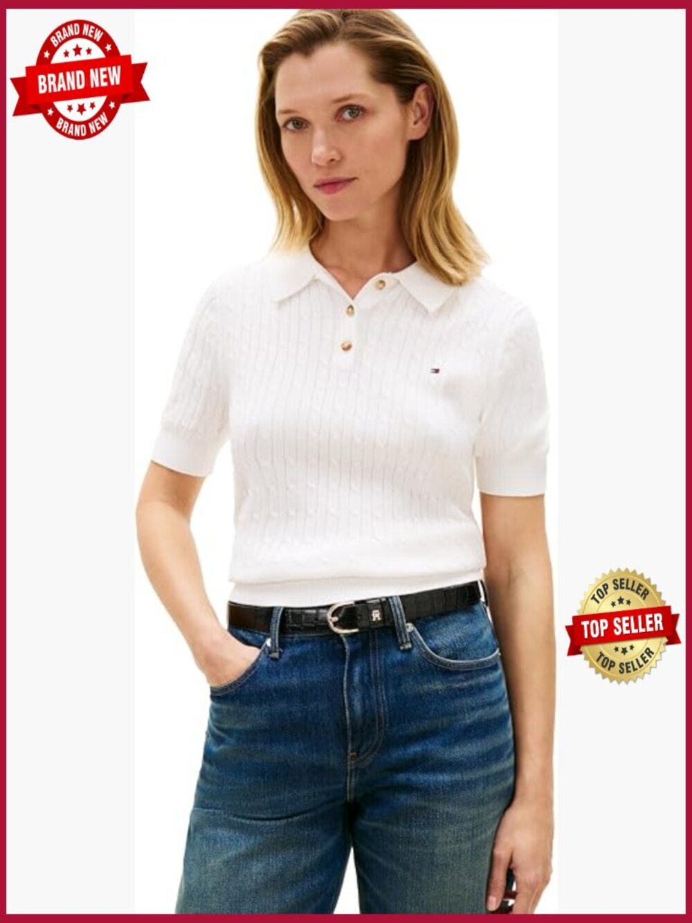 Women's Short Sleeve Cable Knit V-Neck Polo Sweater Cotton